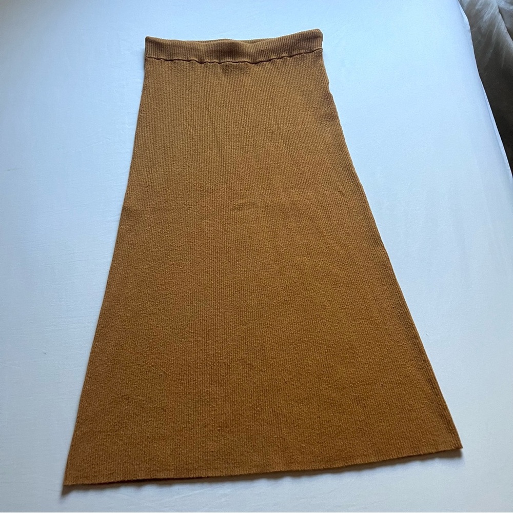 ONEβ GREY DAY mustard yellow rib knit viscose nylon blend stretchy midi skirt